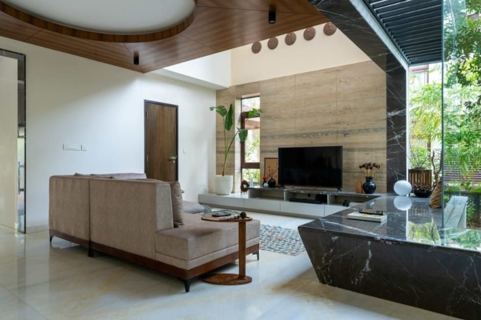 Living room with stone feature wall
